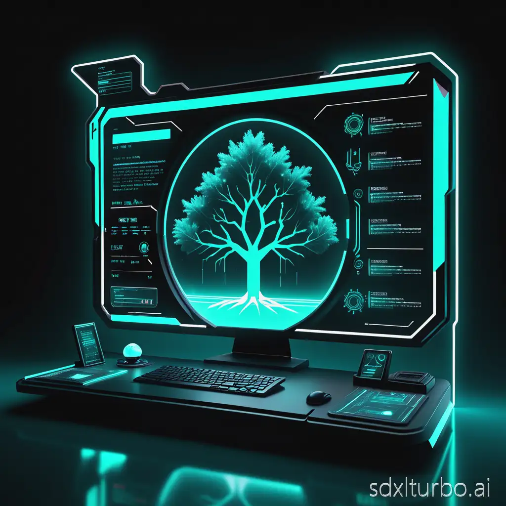 A futuristic cyberpunk desktop interface, sci-fi HUD style. Centered widget: a glowing glassmorphism panel with a collapsible file system tree, teal and white neon highlights. Surroundings: dark atmospheric background with subtle scanlines, neon glow, and holographic ambiance. No extra widgets or clutter — only the central file tree widget. Style: cyberpunk, science fiction, sleek, minimal, glowing neon edges, high-tech holographic design. Perspective: desktop screenshot. Lighting: neon teal + white accents, soft reflections, inner glow. Mood: futuristic, immersive, sharp, polished.