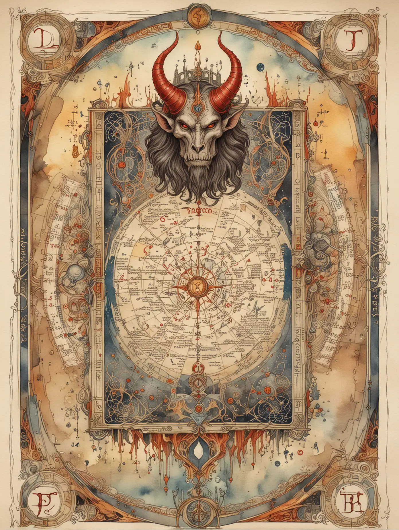 Watercolor-Tarot-Map-of-The-Devil-Card-with-Monstrous-Beast-on-Throne