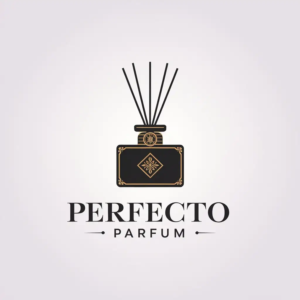 a vector logo design,with the text "Perfecto Parfum", main symbol:Scent diffuser stick, black color with golden details,Minimalistic,be used in Retail industry,clear background