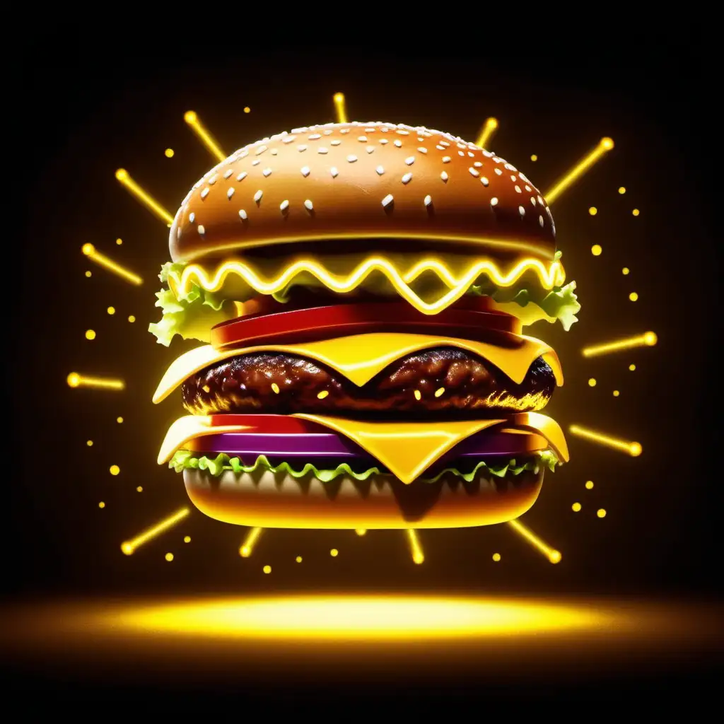 A Hamburger is dancing in the dark, the silhouette illuminated by yellow light. In front there are some lights and lasers, The style of this piece is reminiscent of Totally Dark Background 