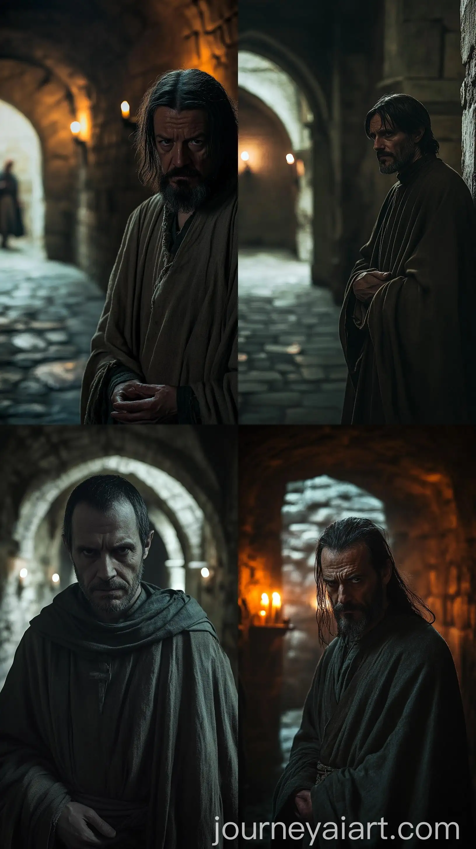 Solitary-Medieval-Monk-in-Dimly-Lit-Monastery-Hallway
