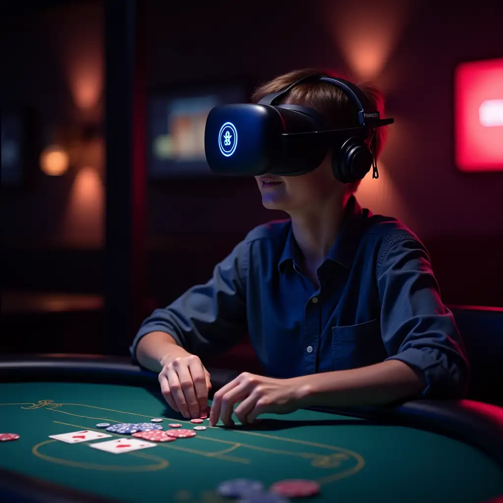 Player in VR headset at virtual poker table