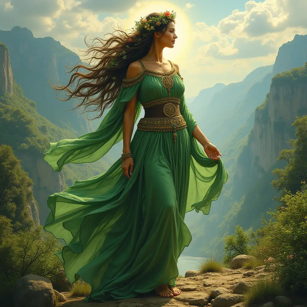 A majestic depiction of Gaia, the Mother Earth goddess from Greek mythology. She is portrayed as a serene and powerful woman with flowing green and brown robes that blend into the land beneath her feet, symbolizing her connection to nature. Her hair is adorned with flowers, vines, and leaves, cascading like a waterfall. The background features a lush landscape with mountains, forests, and rivers, emphasizing her role as the personification of the Earth. The atmosphere is vibrant and harmonious, filled with life and natural beauty