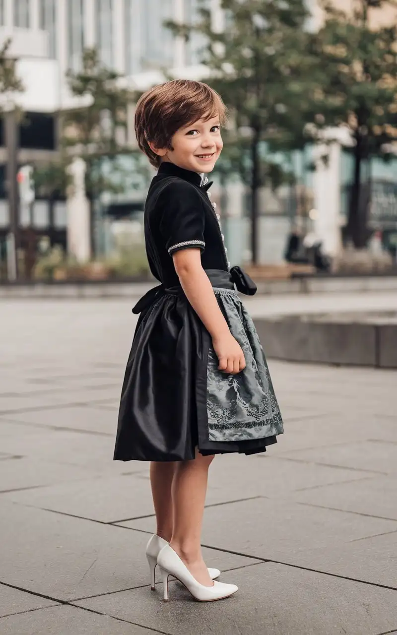 Little-Boy-in-Black-Dirndl-and-White-Stiletto-High-Heels-Smiling-in-City