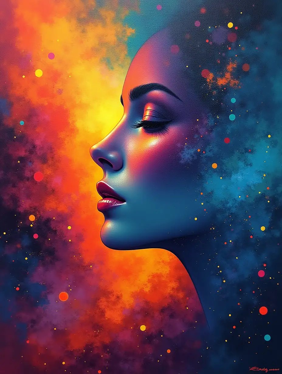 Abstract art painting style image, with woman in space, art abstract live colors. she is fusion whit colors amd the space