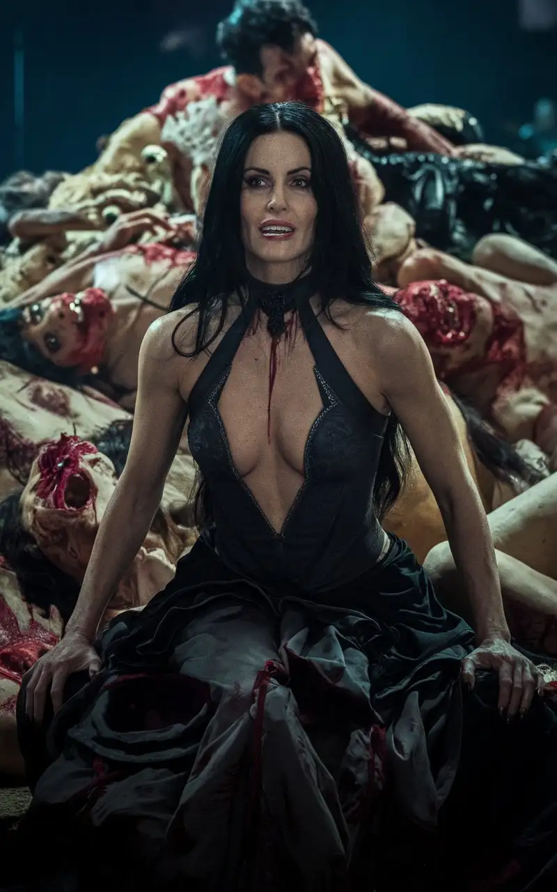 Vampire Ball. brutal female  vampire Courteney Cox, the back is straight, Deep neckline, stockings, High heels, Looks into the eyes of the observer, pile of corps, photo, cinematic, 4k