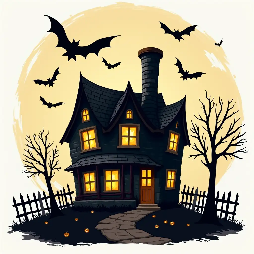 generate a illustration of a hood poor area house with a really tall chimney and bats coming out of it with halloween style.