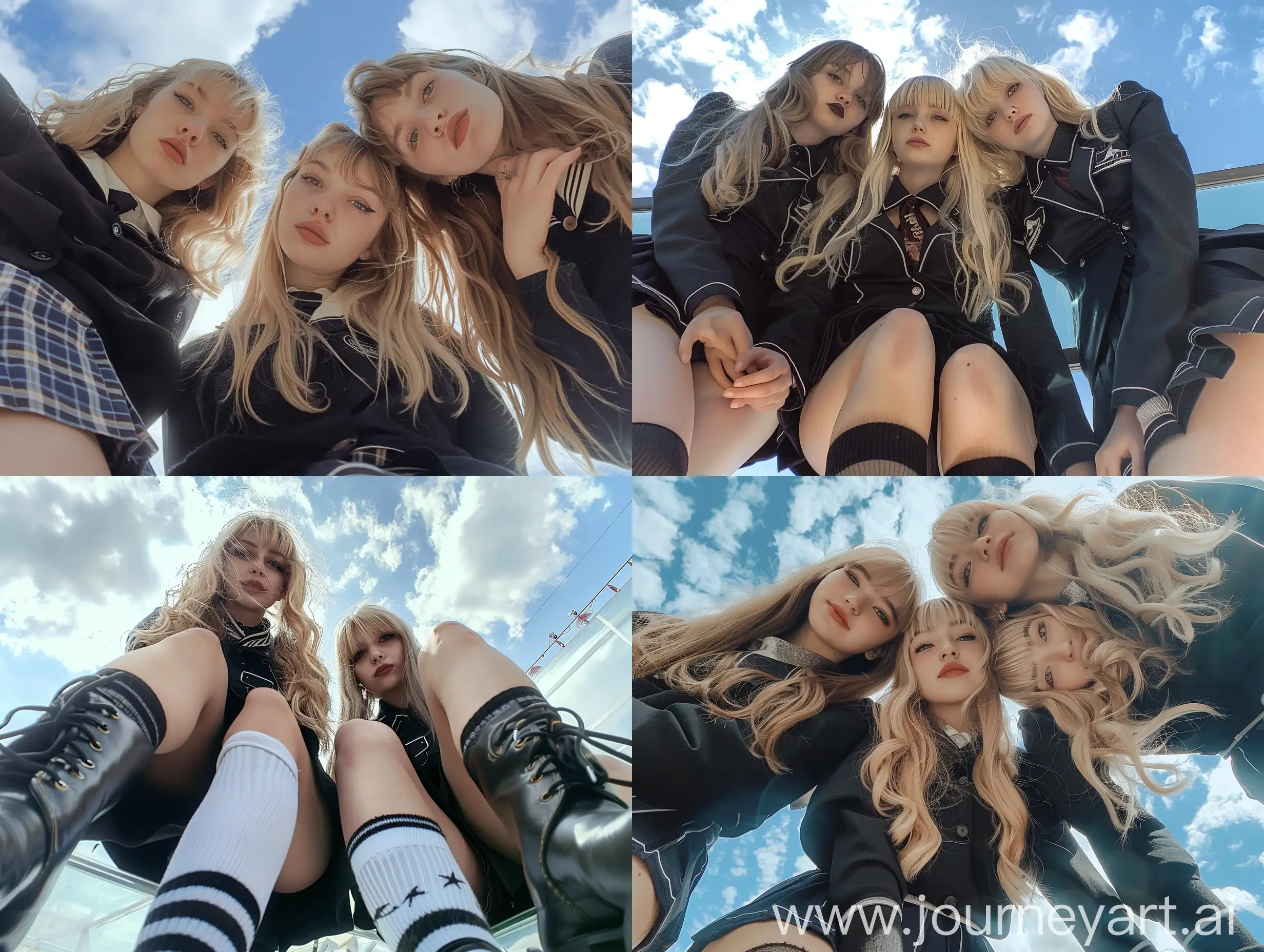 Three-Girls-in-Black-School-Uniforms-Taking-Natural-Sky-View-Selfies