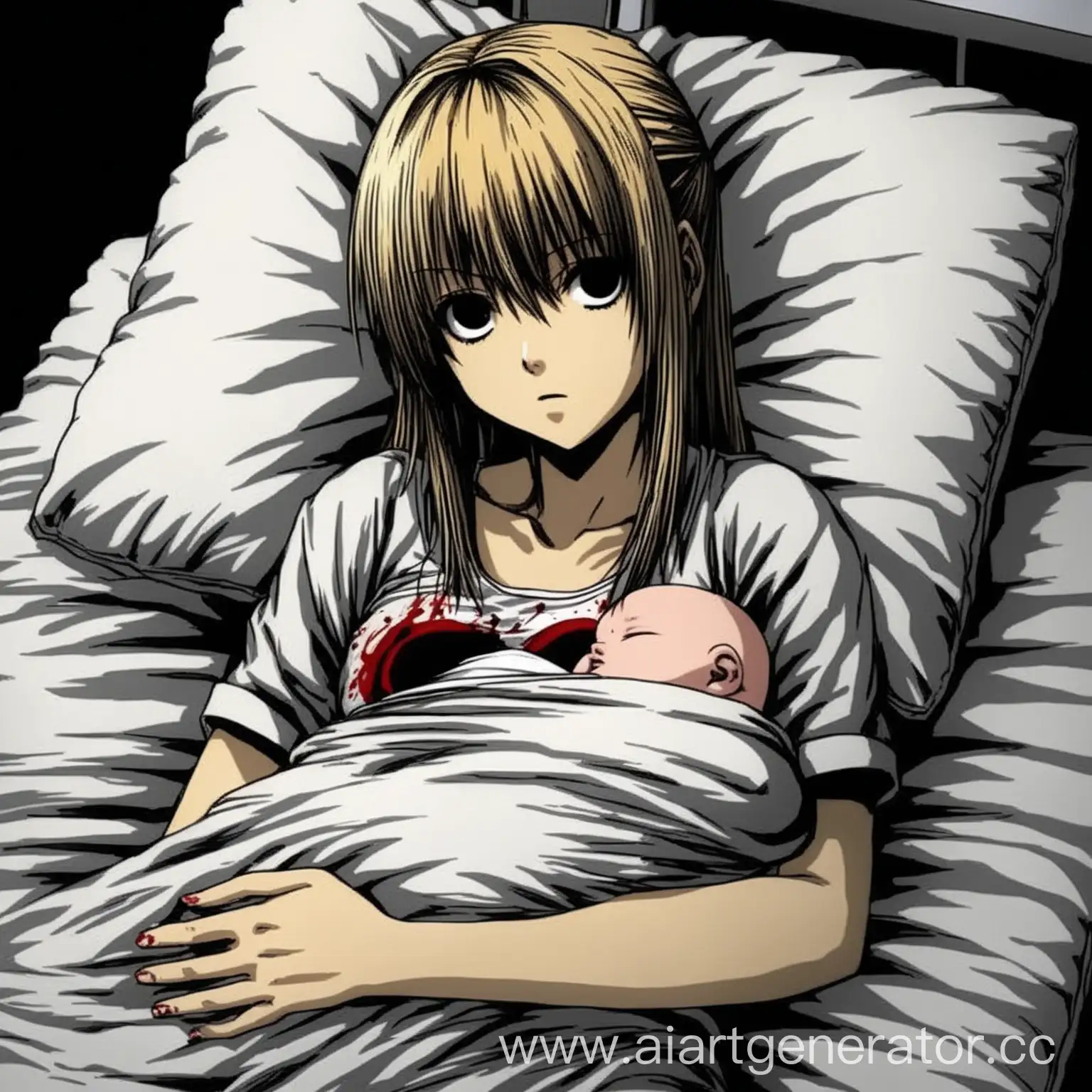 Misa-Amane-from-Death-Note-Lying-on-a-Pillow-in-a-Hospital-with-a-Baby