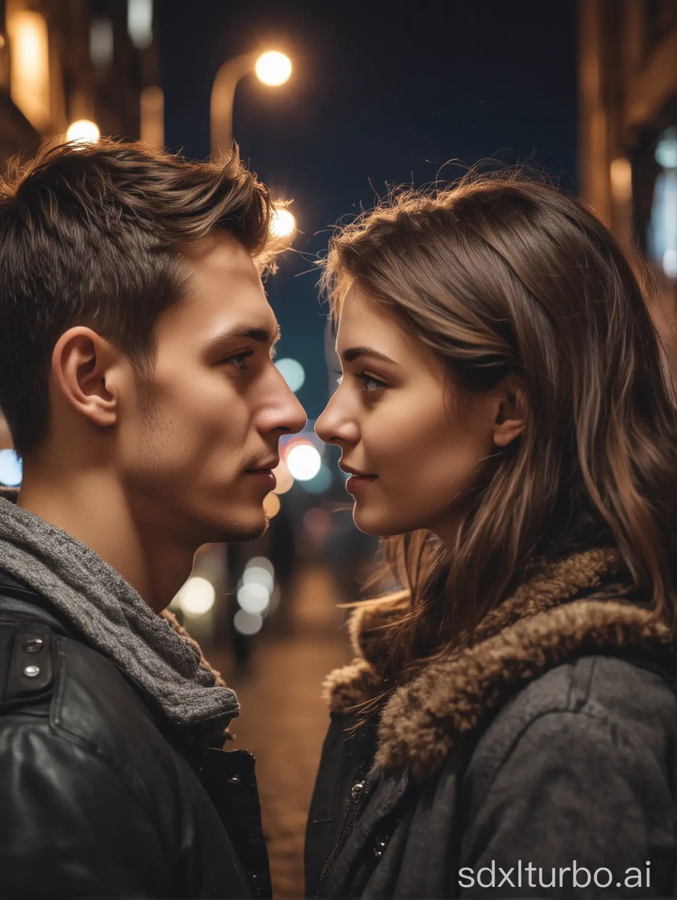 young couple look at each other intensely, in the background the night city full of lights