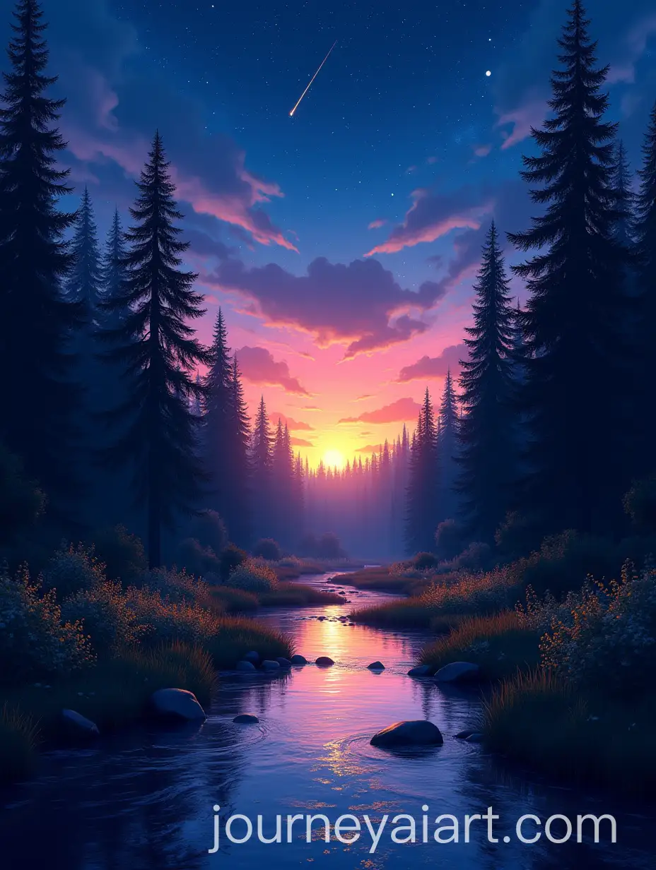 Serene-Forest-Stream-Under-a-Twilight-Sky-with-Fireflies-and-Shooting-Stars