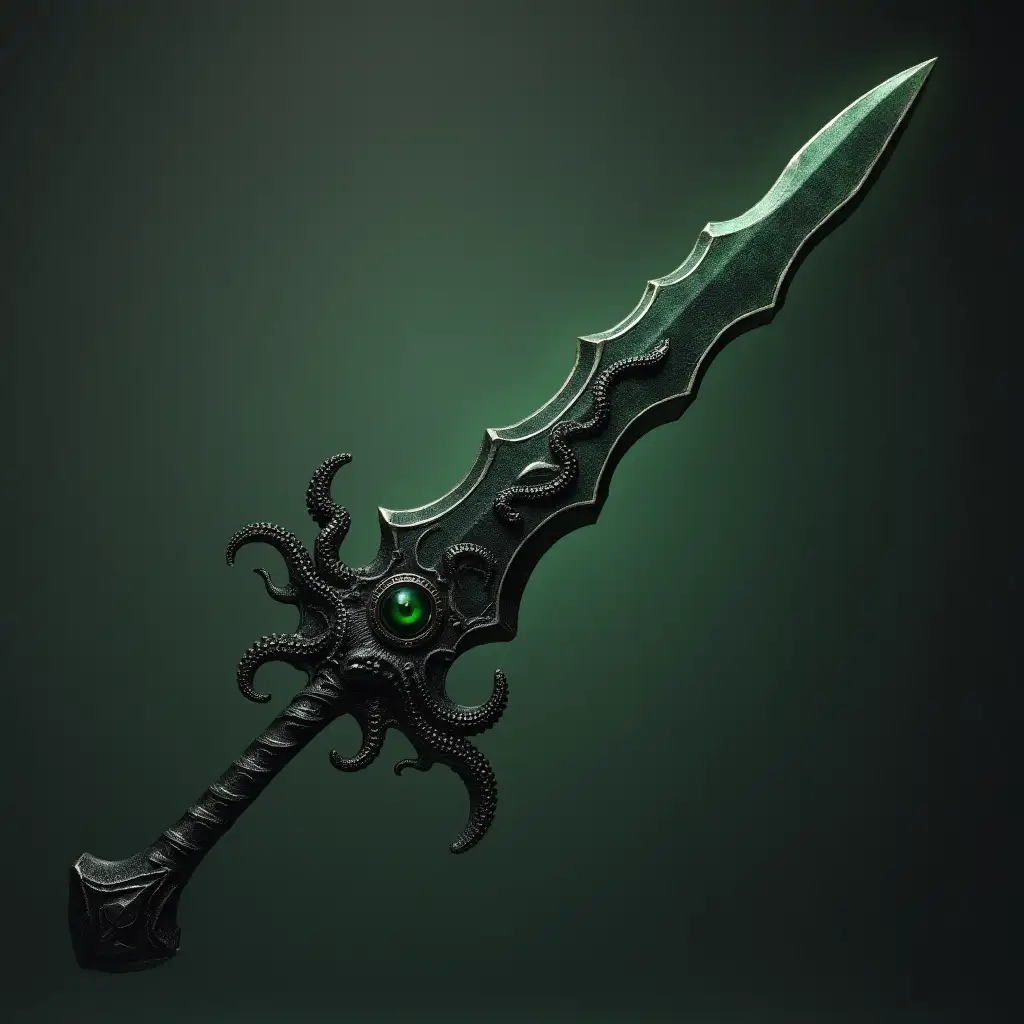 Intricate Dark Green Longsword Engraved with Tentacles and an Eyeball