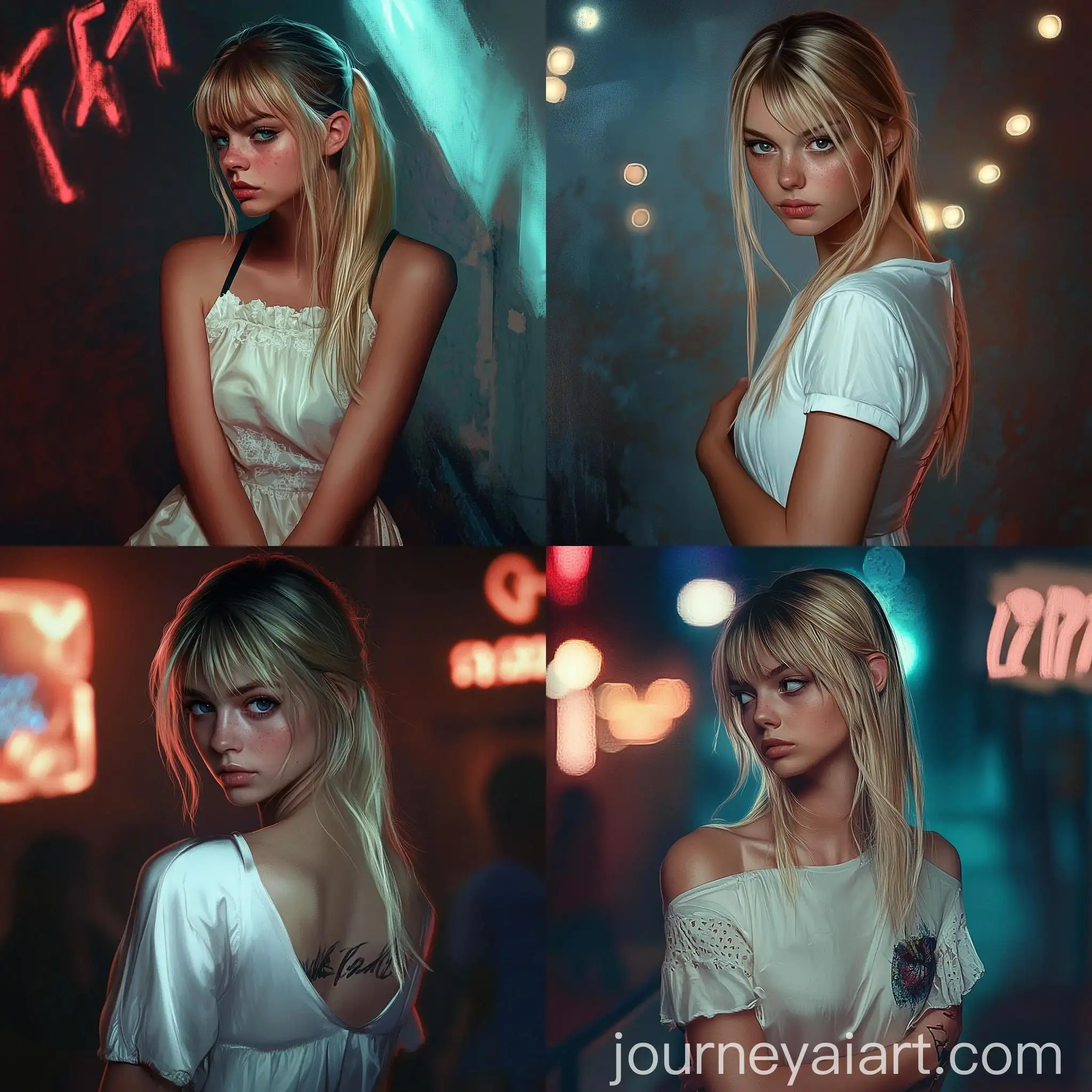 Blond-Girl-in-White-Party-Dress-in-Gloomy-Evening-Neon-Atmosphere