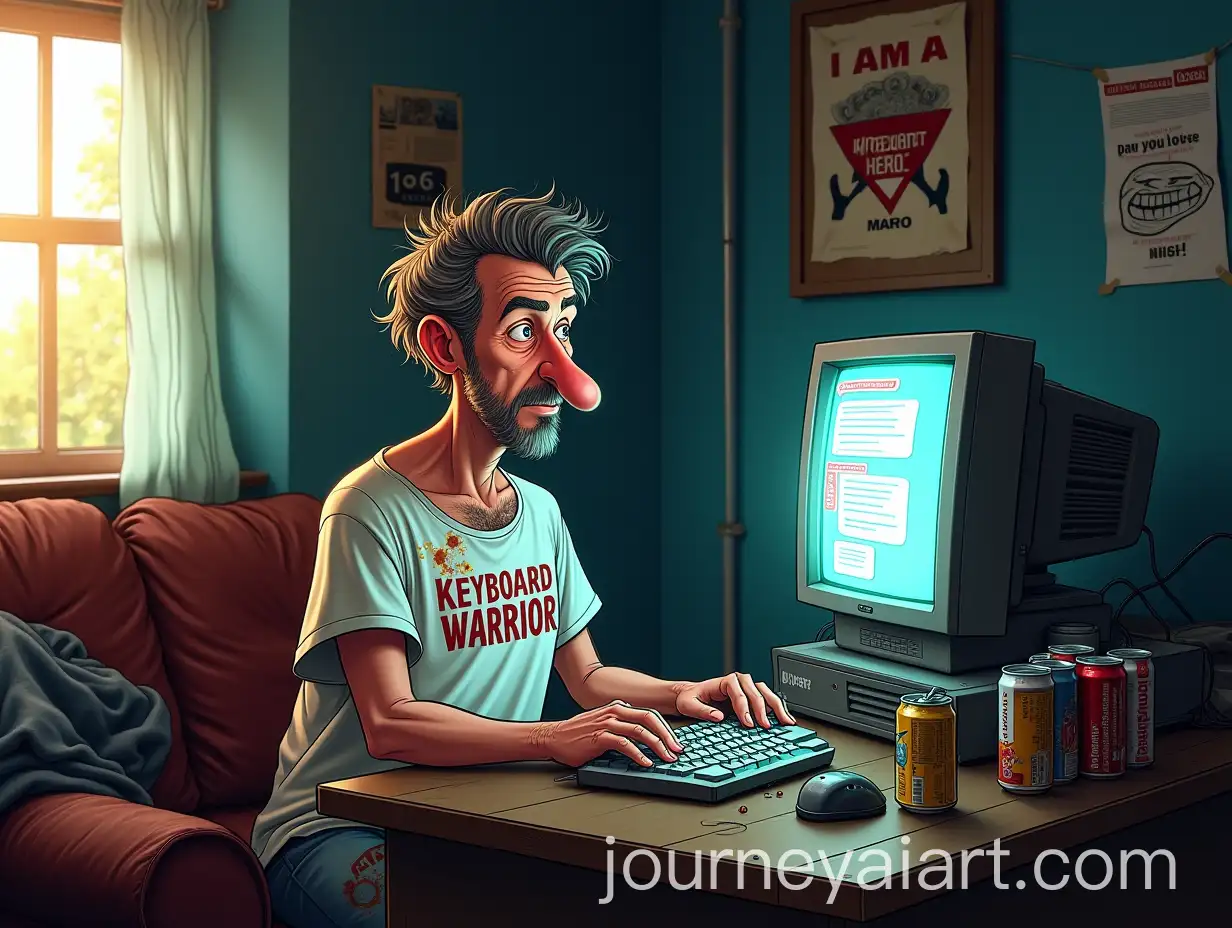 Satirical-Caricature-of-a-Keyboard-Warrior-in-a-Dimly-Lit-Room