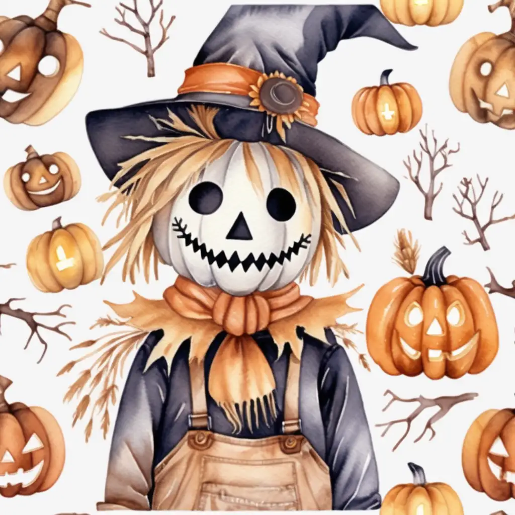 Whimsical Watercolor Halloween Scarecrow