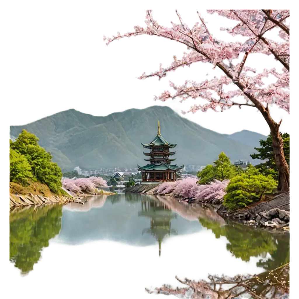 Create an image featuring a serene traditional Asian landscape. Include lush green mountains in the background, a calm river flowing through the scene, and delicate cherry blossom trees in full bloom. Add a traditional pagoda or temple in the foreground with intricate architectural details. Ensure the scene is bathed in soft, natural light with a tranquil and harmonious atmosphere.