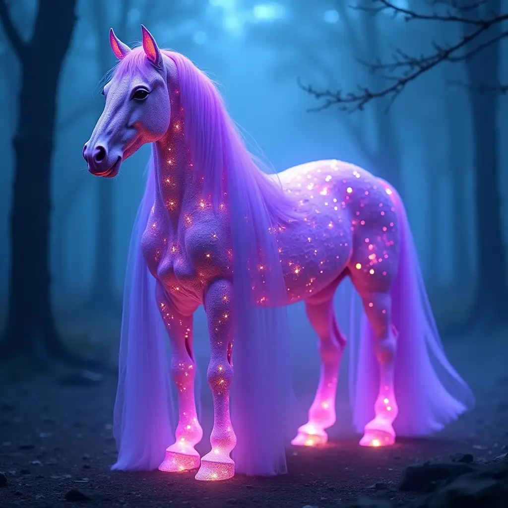 Create an image of a mystical, magical horse cloaked in a flowing, ethereal purple veil. The horse's body appears crafted from polished gemstone-like fragments, casting a radiant, multi-colored glow that hints at hidden magical energy. Its mane and tail shimmer with vibrant, luminous shades of purple, intensifying its otherworldly look. The backdrop features a misty, blue-tinged forest that adds to the atmosphere of mystery and enchantment. The overall scene should depict a strikingly beautiful and imaginative gemstone-like horse, evoking wonder and a sense of magical allure.