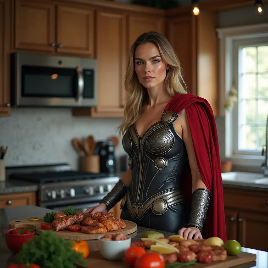 Powerful-Woman-in-ThorInspired-Style-Cooking-in-Modern-Kitchen