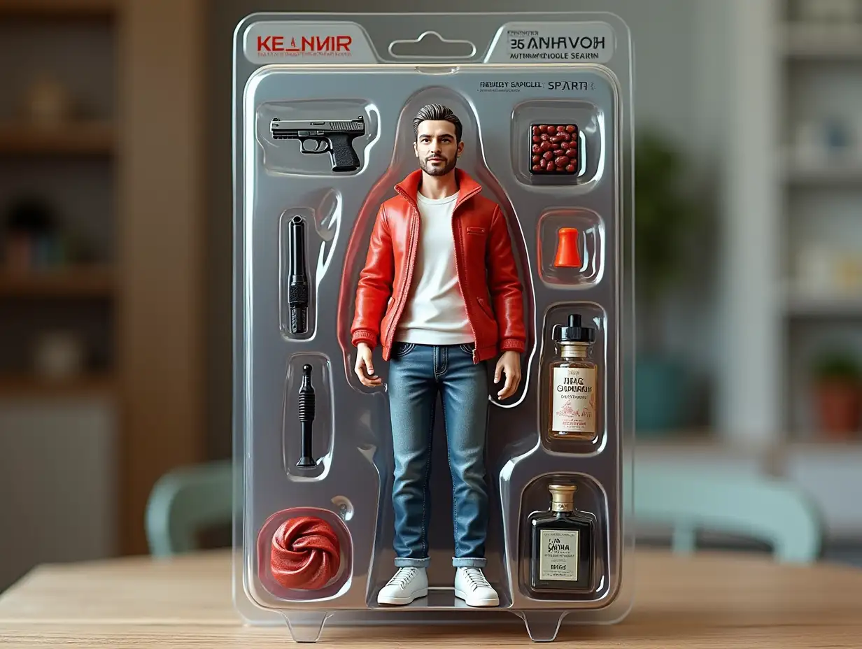 Use this my photo to create your own figure in blister packaging, in the style of a premium-class collectible toy. The figurine should be standing and smiling casually. On the blister packaging there should be a header with the text '[KALINAVOD]' written in capital letters, and a subheader '[SPORT]' below it. Place accessories in compartments to the side of the image: [spark plug, pistol, shawarma, Lada Kalina model car, Black Afghani perfume].