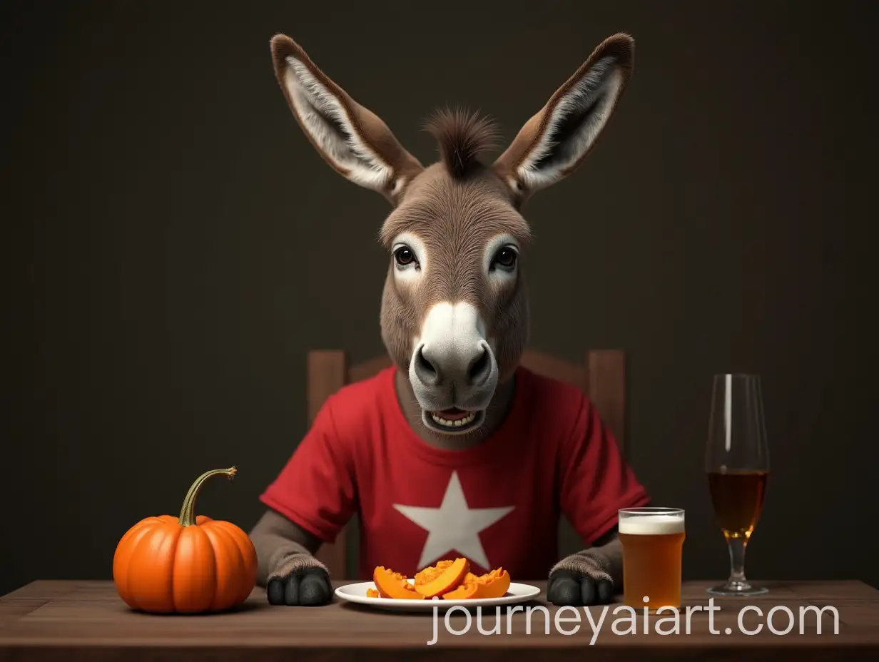 Sad-Donkey-in-Red-Shirt-Eating-Pumpkin-and-Drinking-Beer-at-Table