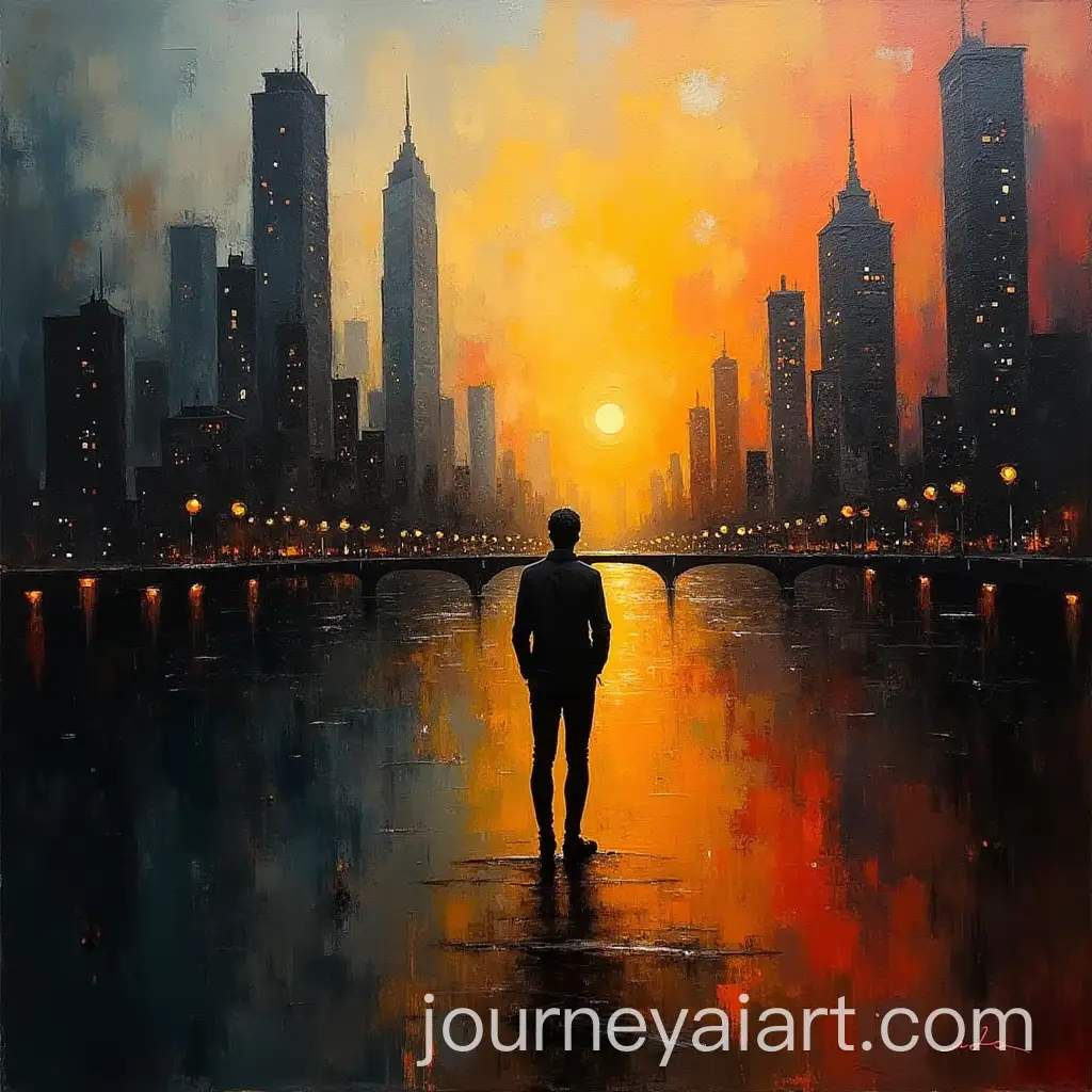 Impressionistic-Cityscape-at-Sunset-with-Reflective-Waters