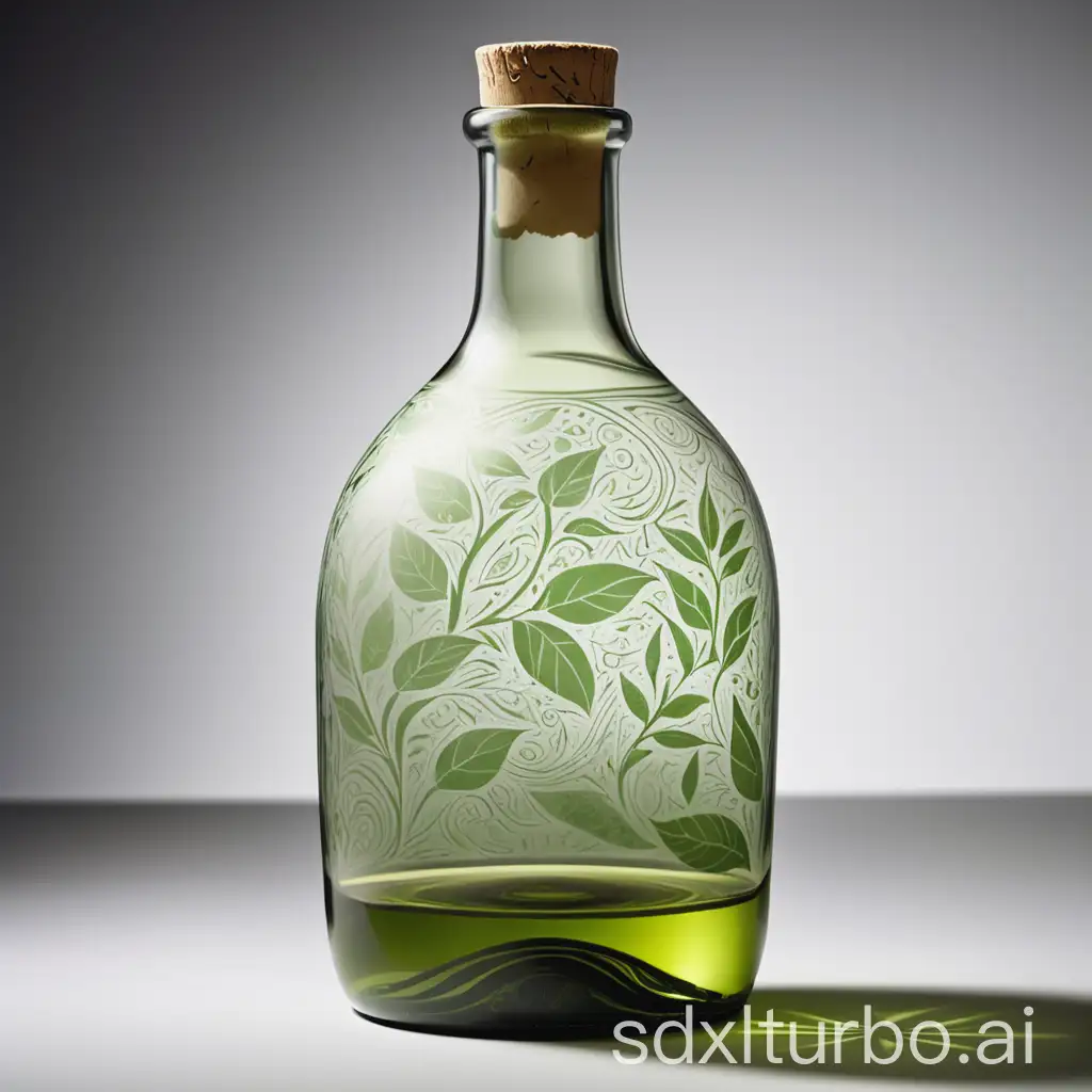 A glass bottle, etched with some green tea patterns, overall white similar to a wine bottle
