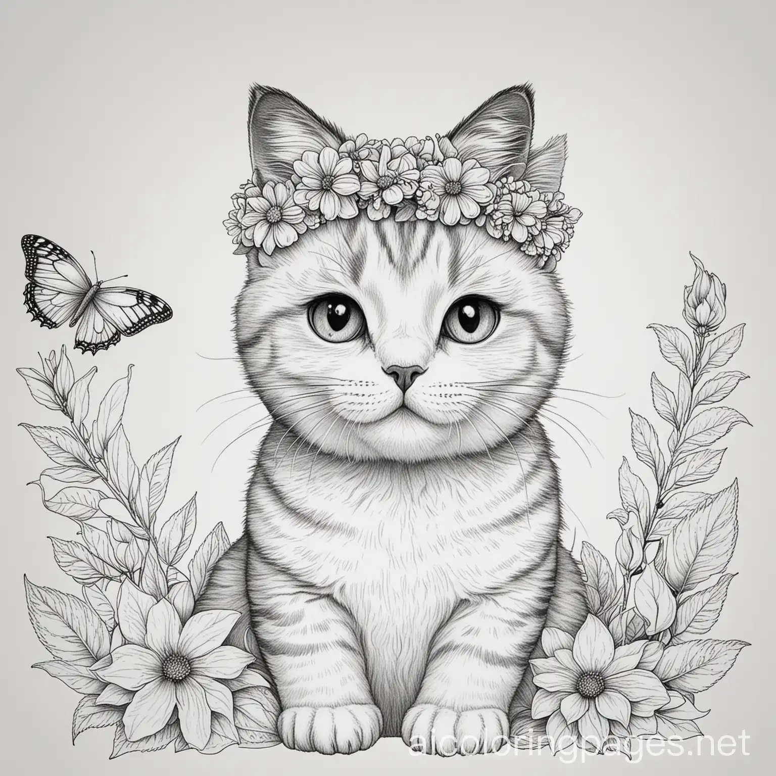 Cat-with-Butterfly-on-Nose-and-Flower-Crown-Coloring-Page