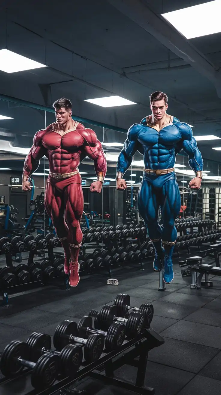 In an empty gym at night. Two powerfully muscled, hugely ripped, pumped, superhuman, handsome superpowered heroes fly through the night sky. 33 years old. Photorealistic.