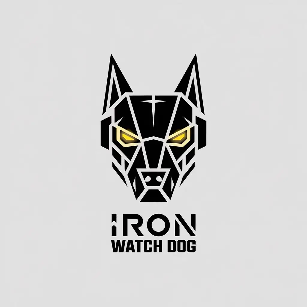 LOGO Design for Iron Watch Dog Futuristic Black Robotic Dog Face with Glowing Yellow Eyes