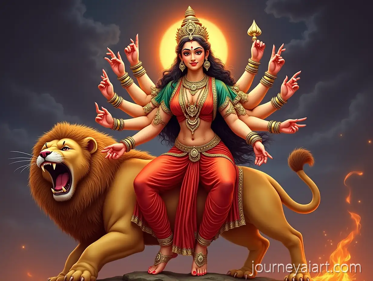 Divine-Goddess-Durga-Seated-on-Roaring-Lion-with-Eight-Arms