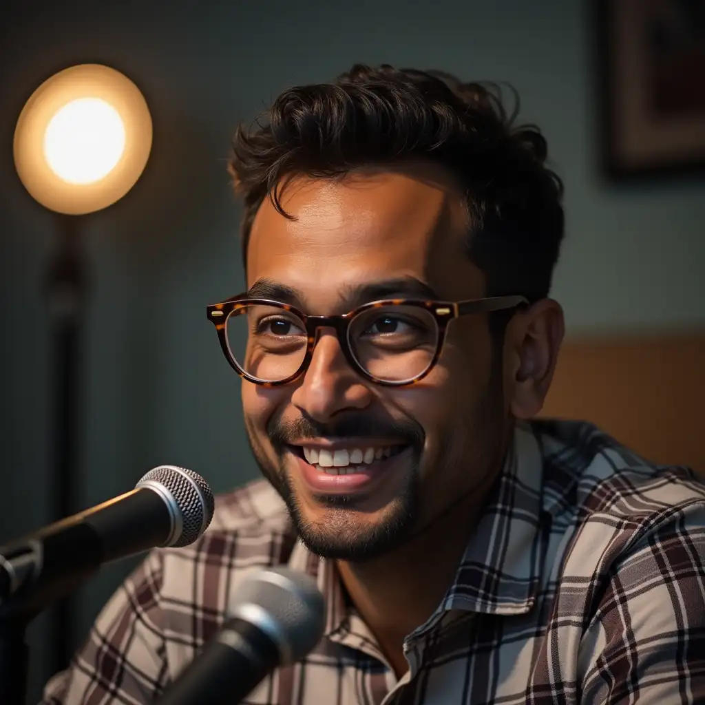 young indian man with glasses speaking into microphones