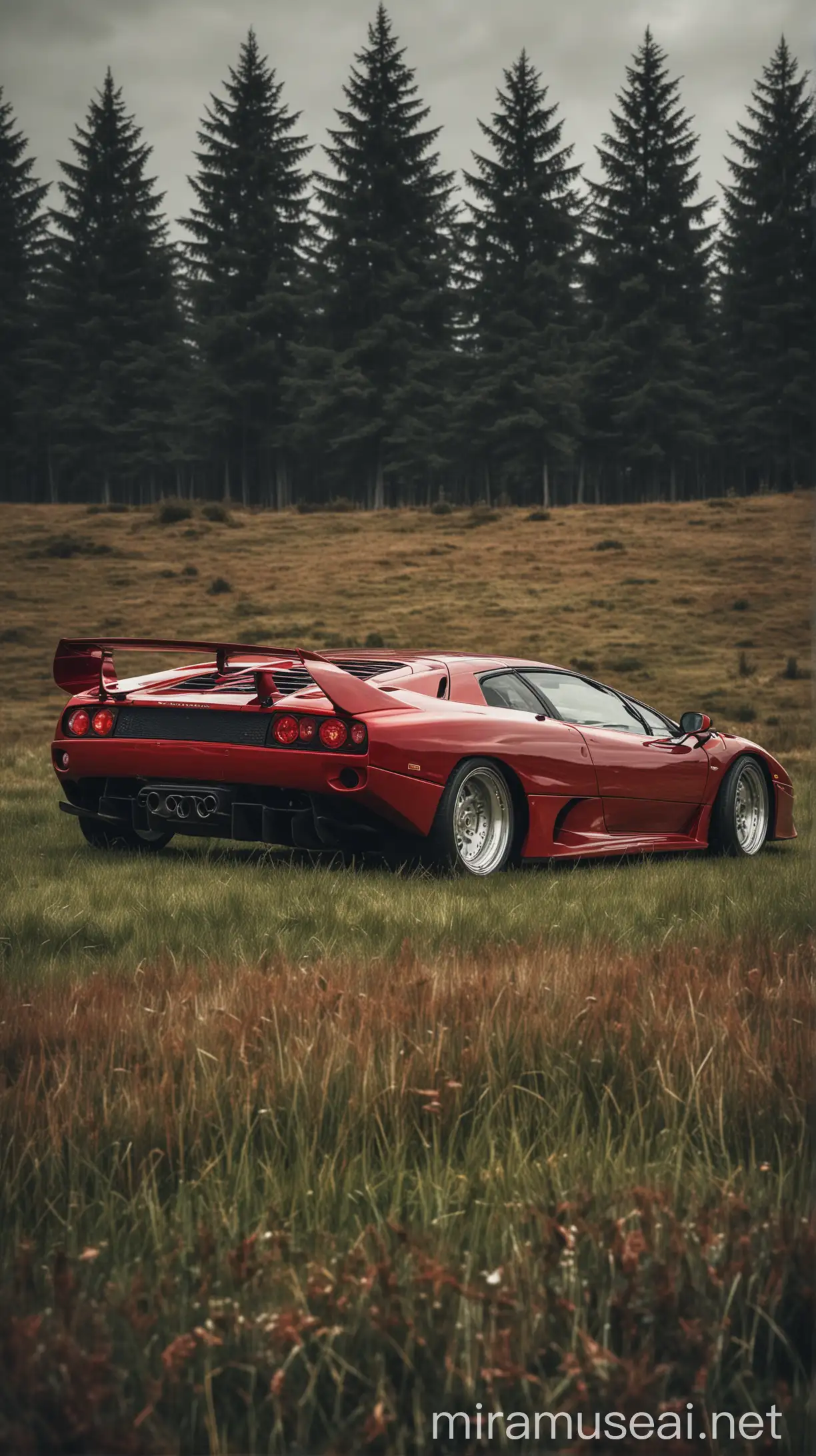 Red Lamborghini Diablo VT in Grassy Field Under Overcast Sky