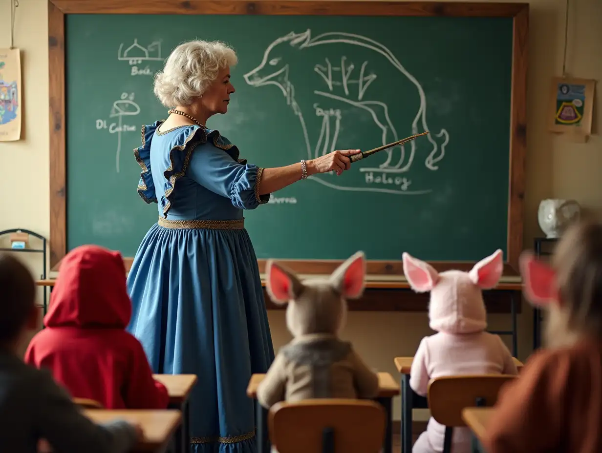 CLASSROOM. A strict old lady teacher in a blue dress with ruffles. She points at a poster with a wolf scheme on the blackboard with a long pointer. In the classroom, Little Red Riding Hood, three piglets and seven little goats (all with their back to the observer) are sitting behind desks.