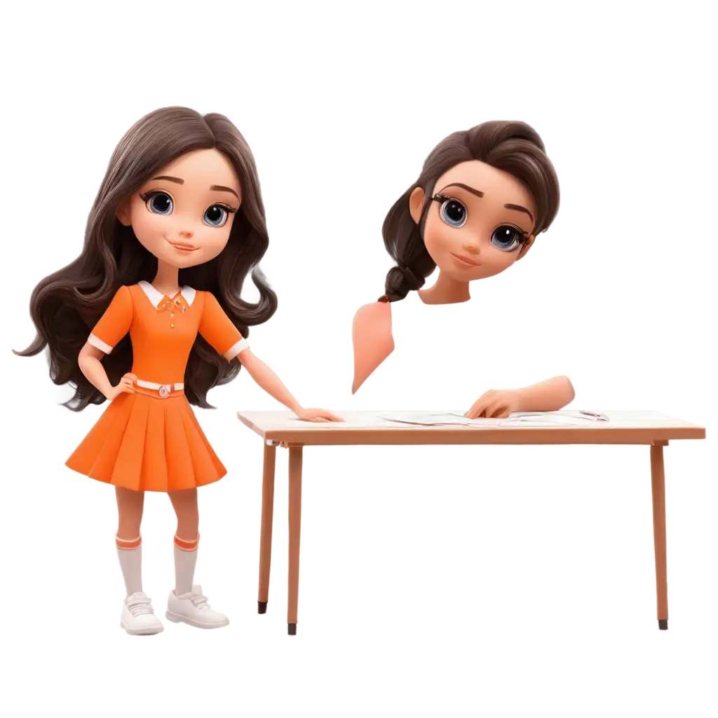 Cute-Cartoon-Girl-Sewing-Design-StudentPNG-Image-Usage-Scenarios-in-Orange-Uniform-PNG-Drawing-Pretty-Dress-Model-in-School-Classroom