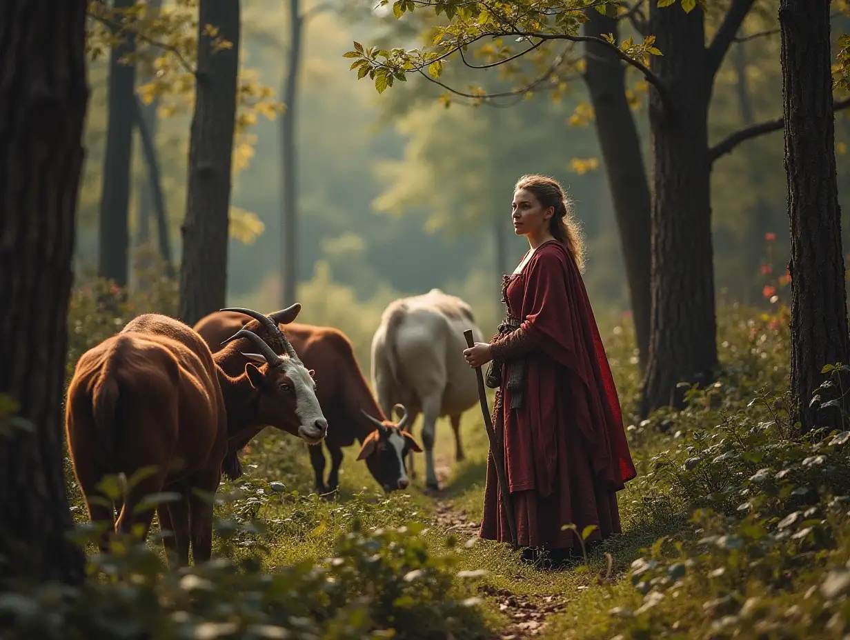 A woman from the Middle Ages is in the middle of a forest tending to her goats and cows