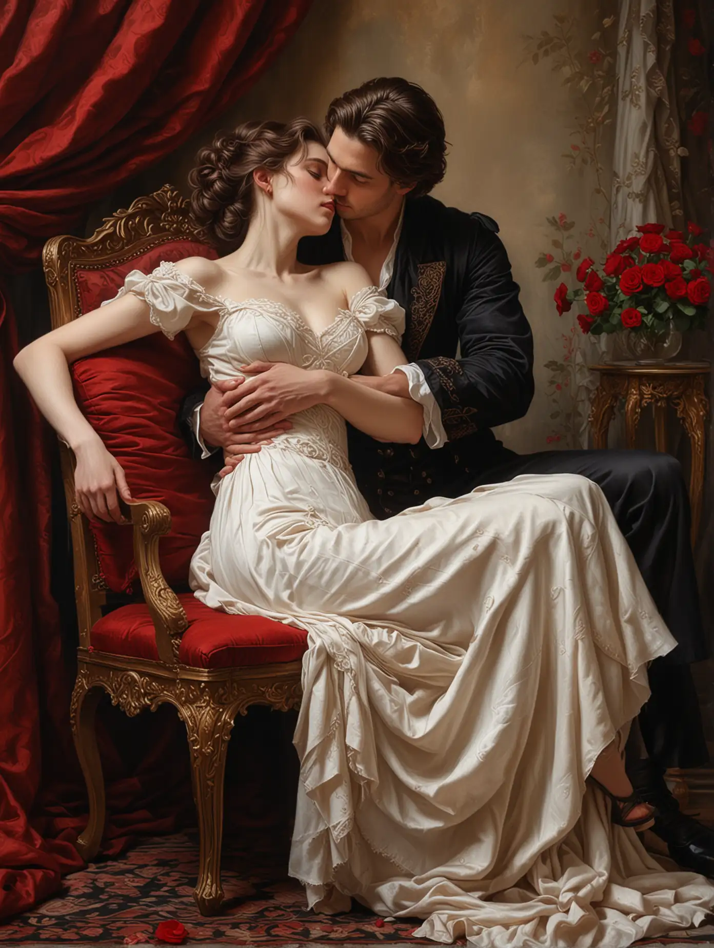 Romantic, classical-style painting featuring a man and a woman in an intimate embrace. The woman, with fair skin and dark brown hair, is dressed in a flowing white and red gown with intricate details, sitting on an ornate chair. The man, with tanned skin and dark hair, is shirtless, wearing beige pants and black boots. The background is rich with deep red drapery and scattered red roses, adding to the passionate atmosphere. The overall composition is lush and dramatic, with a focus on the tender interaction between the two figures.