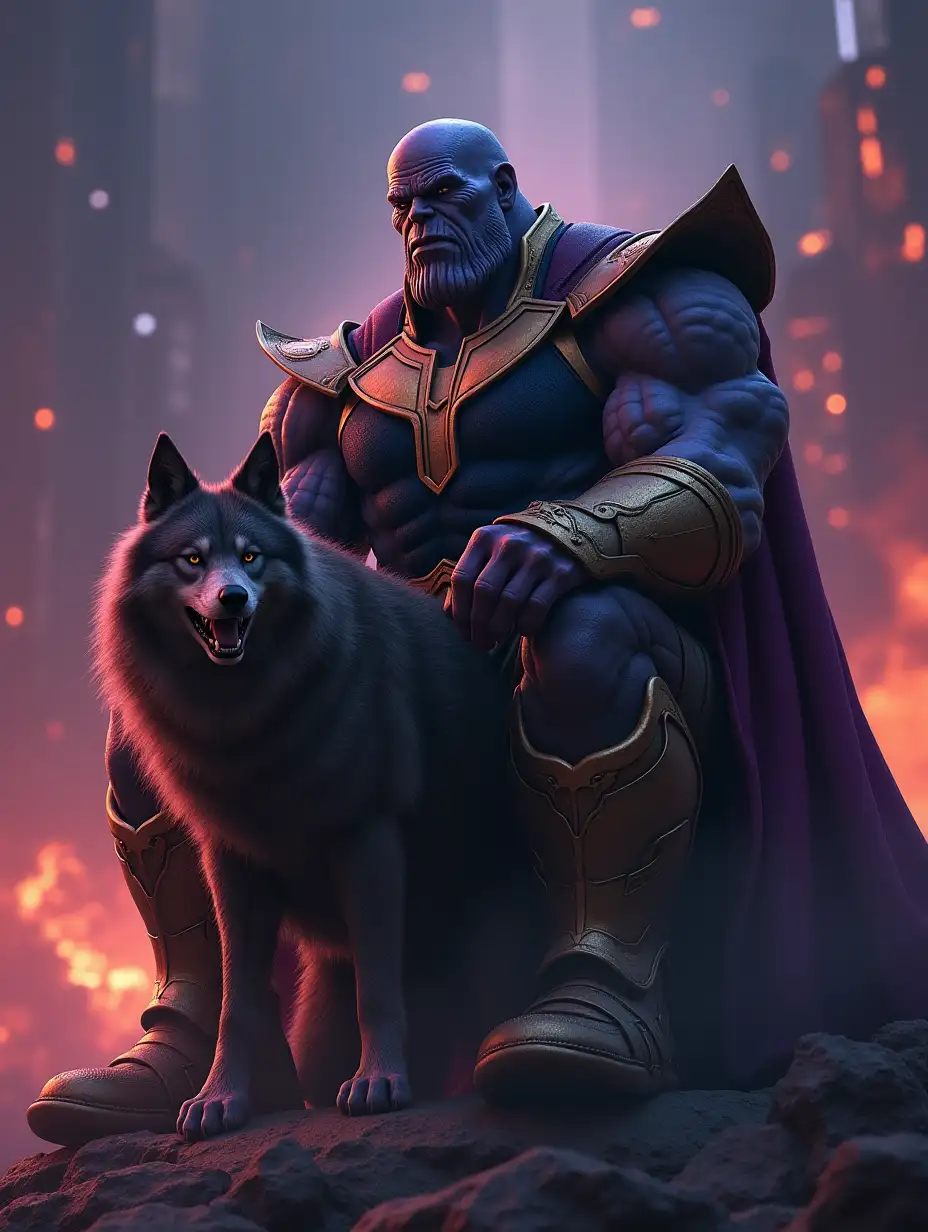 Thanos sit on gaint wolf angry run in destroy city