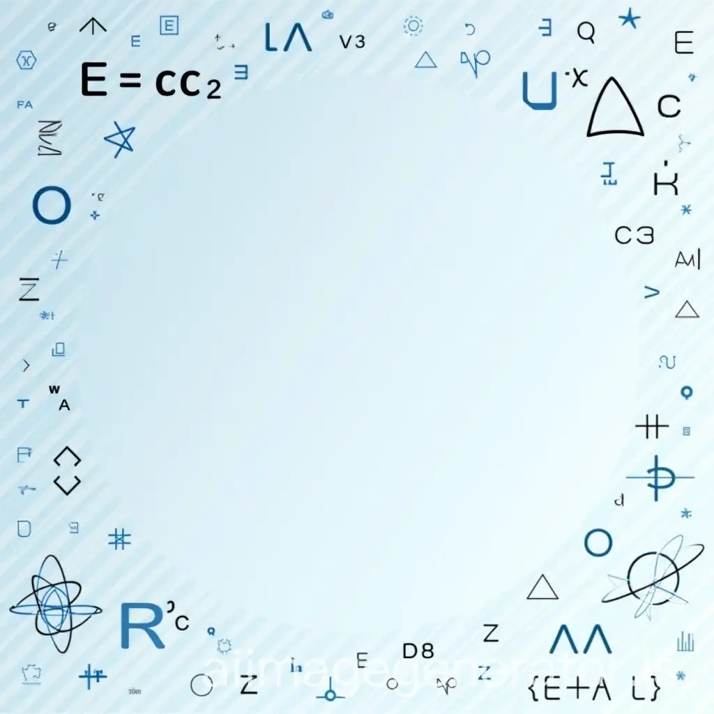 A modern and clean business card background design representing a tutoring center specialized in Mathematics and Physics. Include symbols like mathematical equations (e.g., E=mc², π, √), physics formulas, graphs, atoms, and geometric shapes. The color palette should be a blend of deep blue, white, and light gray, suggesting intelligence and clarity. The background should be subtle and not distract from the card's text. Style should be professional, educational, and minimalistic, with light scientific motifs integrated into the background pattern.