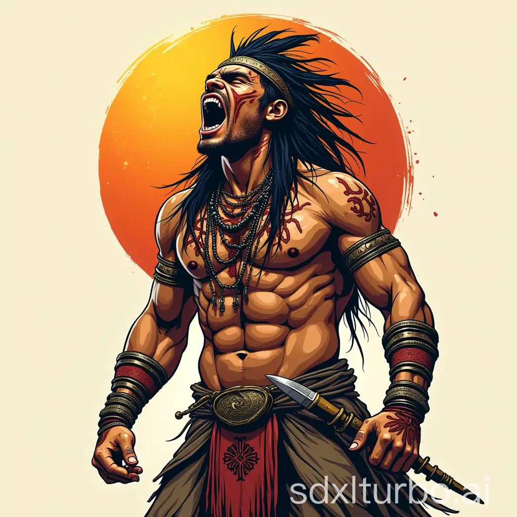 Detailed-Vector-Cartoon-of-Screaming-Inca-Male-Warrior-with-Face-Painting-and-Tribal-Necklace