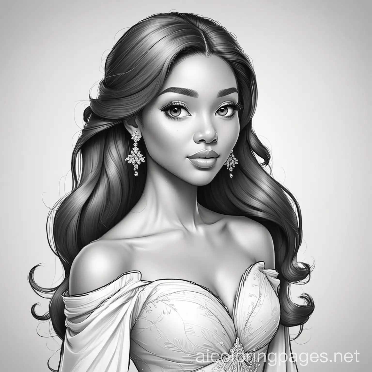 classy black lady with LONG HAIR in elegant GOWN with earrings, Coloring Page, black and white, line art, white background, Simplicity, Ample White Space. The background of the coloring page is plain white to make it easy for young children to color within the lines. The outlines of all the subjects are easy to distinguish, making it simple for kids to color without too much difficulty