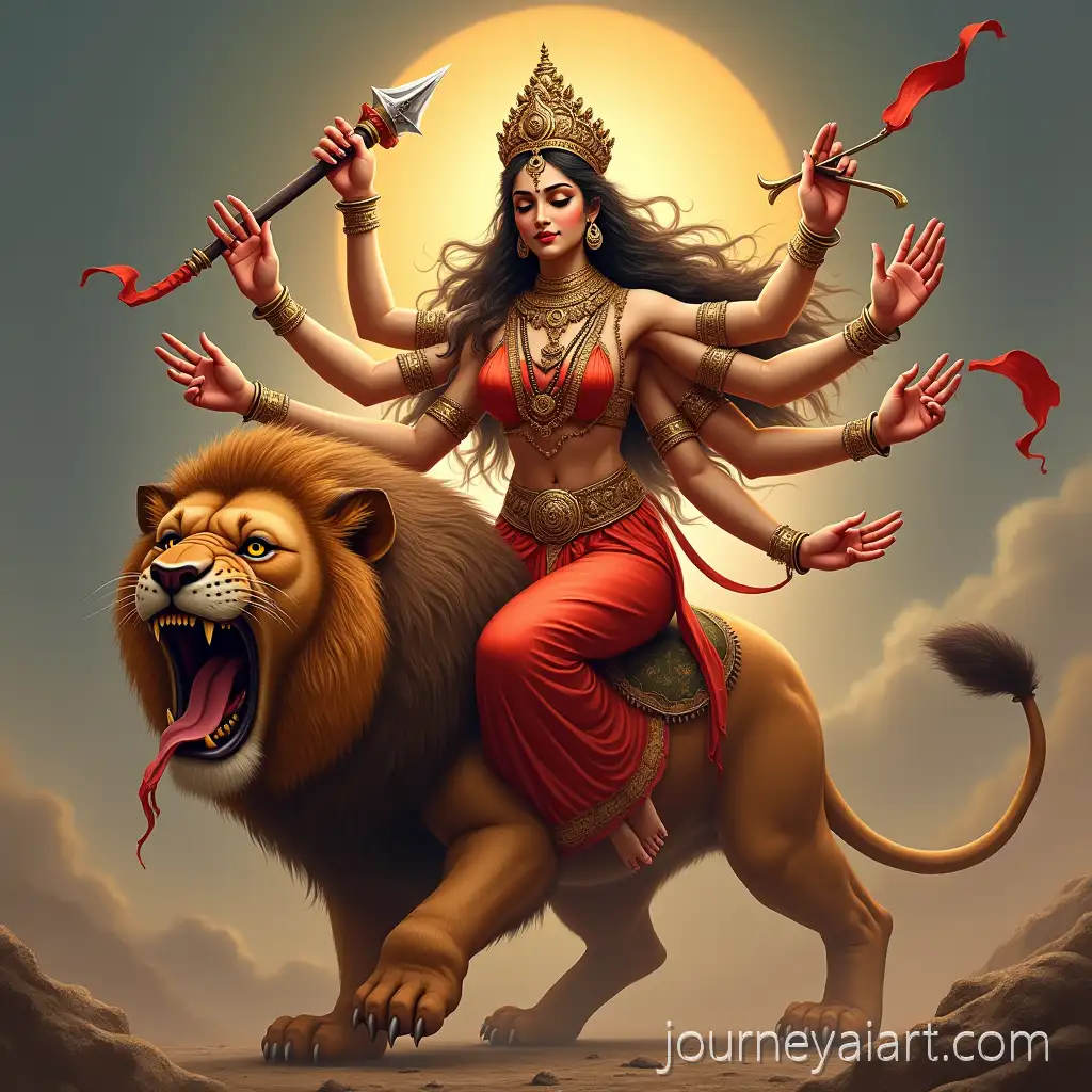 Divine-Goddess-Durga-ImageDivine-Goddess-Durga-Seated-on-Roaring-Lion-with-Eight-Arms-in-Majestic-Pose