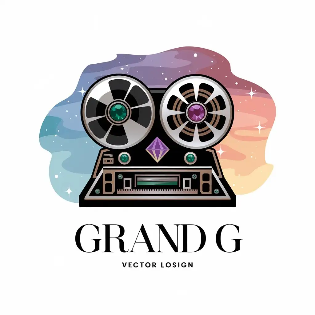 LOGO Design for Grand G Abstract Studio Tape Machine with Jewel Details Dreamy Multicolored Background