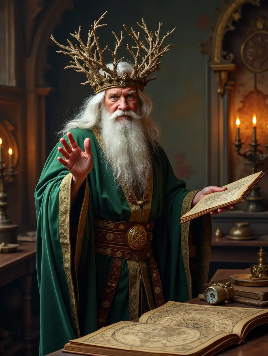 A wizard wearing a crown of branches summons the viewer to the hall of the ancient castle, his magical laboratory decorated with alchemical symbols, astrolabes and ancient maps and books