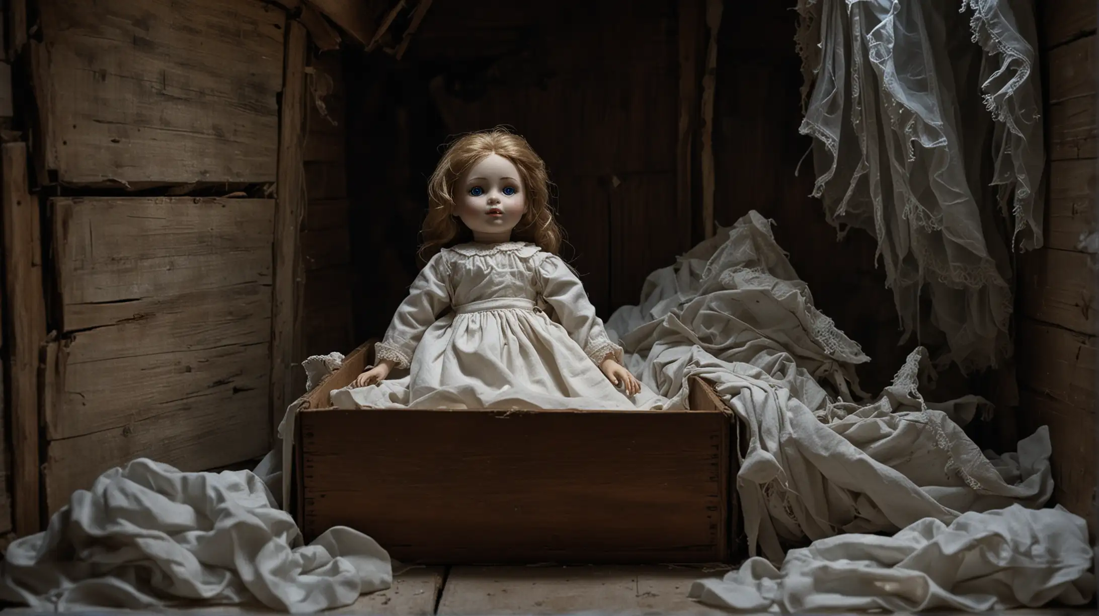 Haunting Porcelain Doll in a Dimly Lit Attic