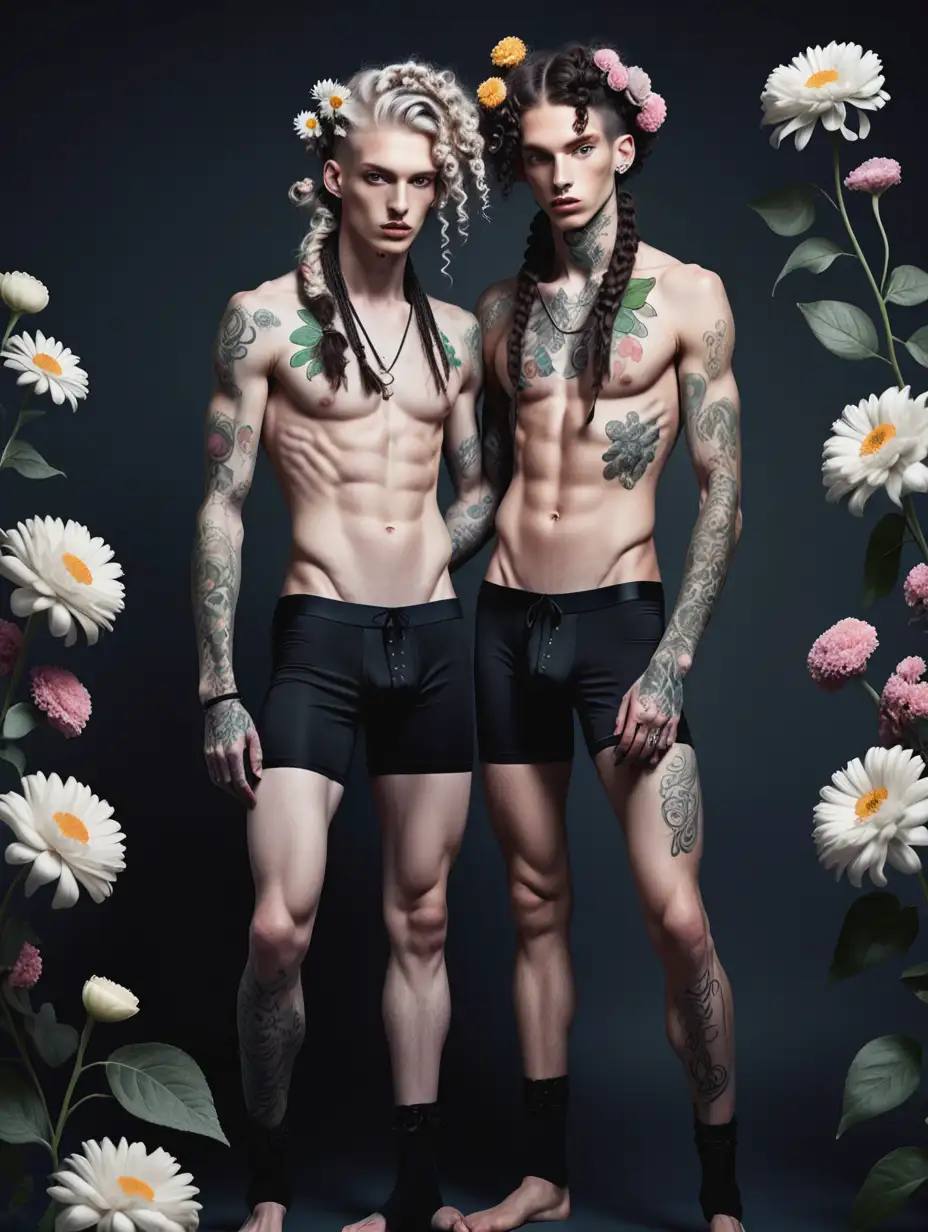 Athletic Tattooed Male Models in Black Underwear with Floral Hairstyles for High Fashion Editorial