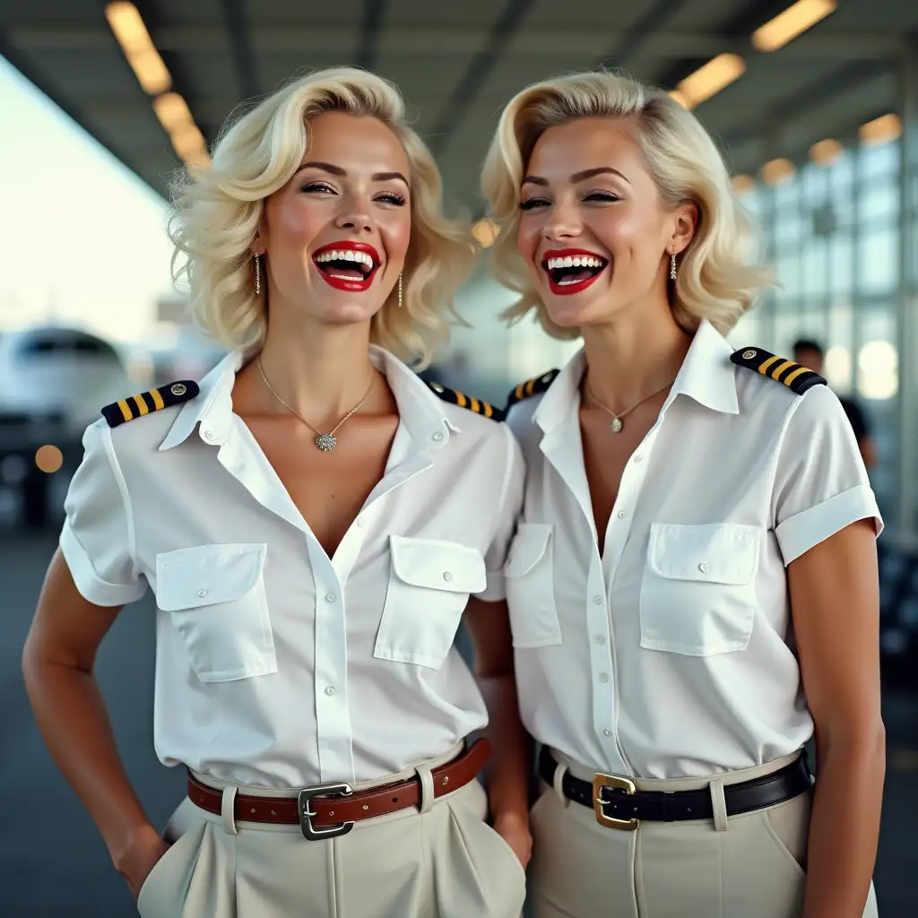 two white curvy pilot ladies, Marilyn Monroe face, in white unbuttoned pilot shirt, laughing with her mouth open, red lipstick accentuating her smile,belt on waist, big wide hips, chest are fully grown, jewerly, short hair, HD, enjoying at airport , photo-realism