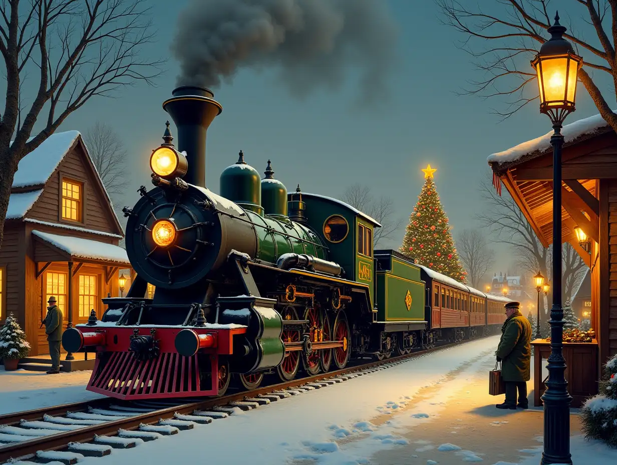 Ultra-detailed hyperrealistic portrait of 50's era steam locomotives in station,houses,decorated Christmas tree,lanterns and people elaborately detailed, colorful