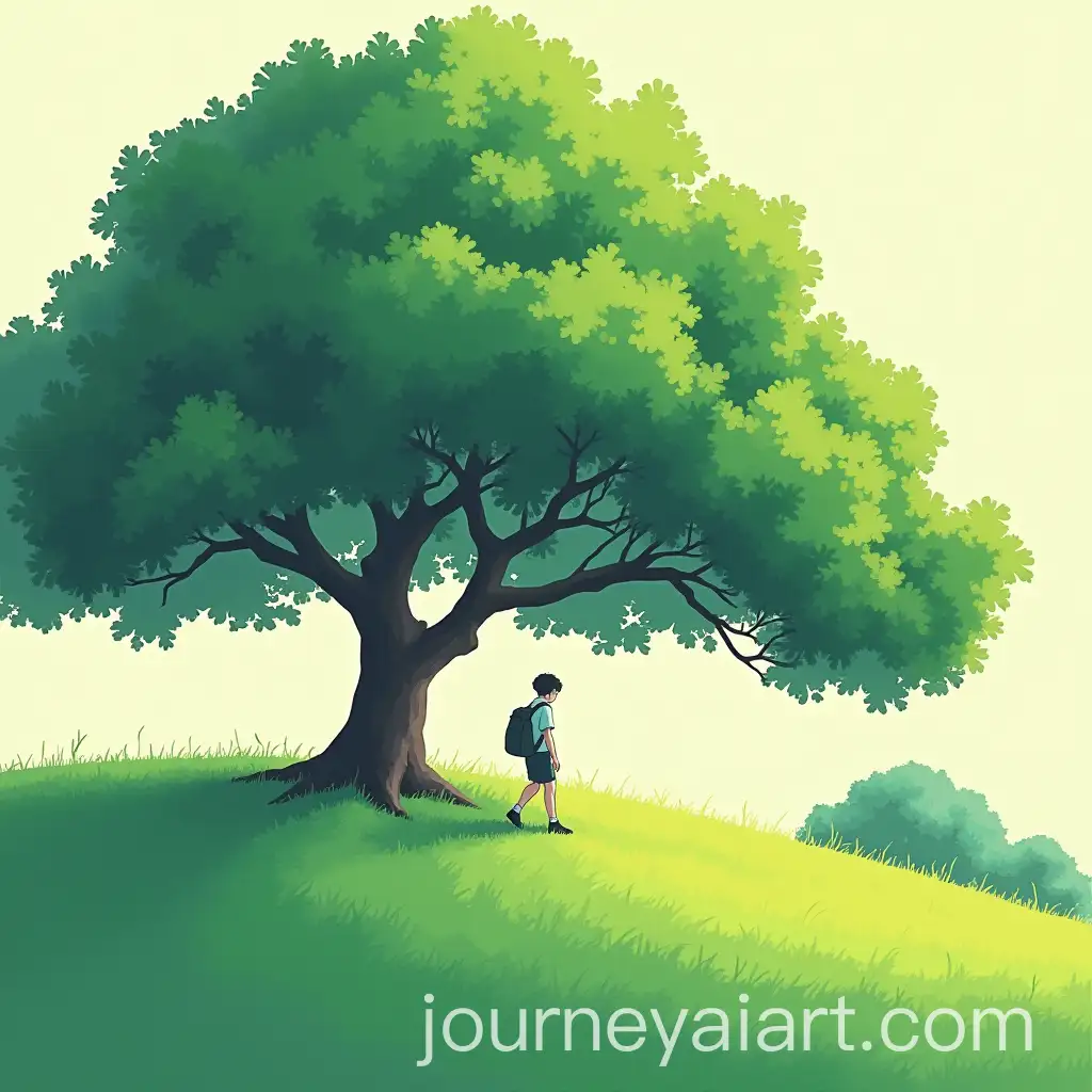Person-Walking-on-Grassy-Hill-with-Trees-in-the-Background-Inspired-by-Hiroshi-Nagai-and-Toshio-Saeki