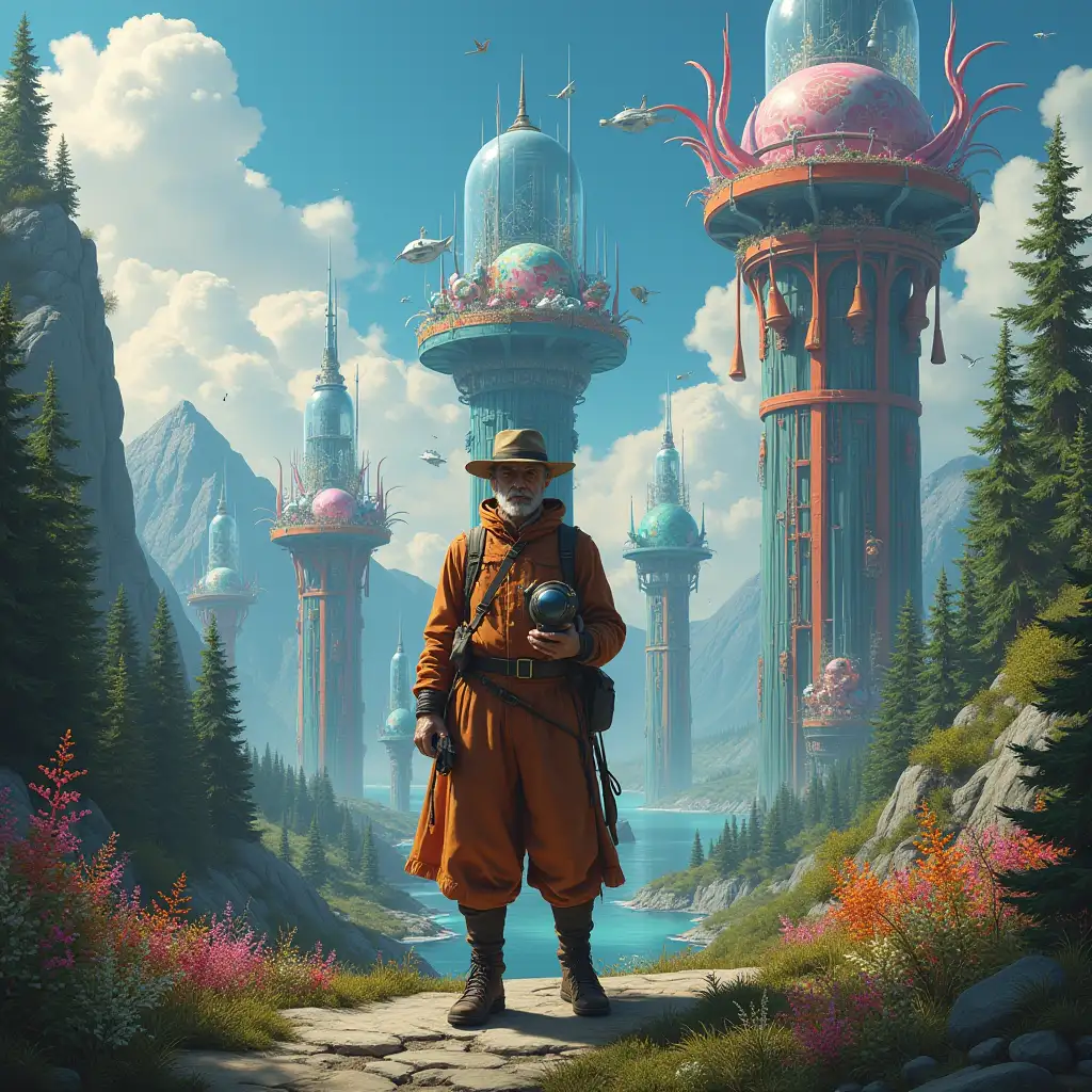 ultradetailed hyperrealistic portrait Multiverse time traveler with various strange beings with futuristic glass towers that are elaborately detailed, colorful, forested, with mountains and sea in the background