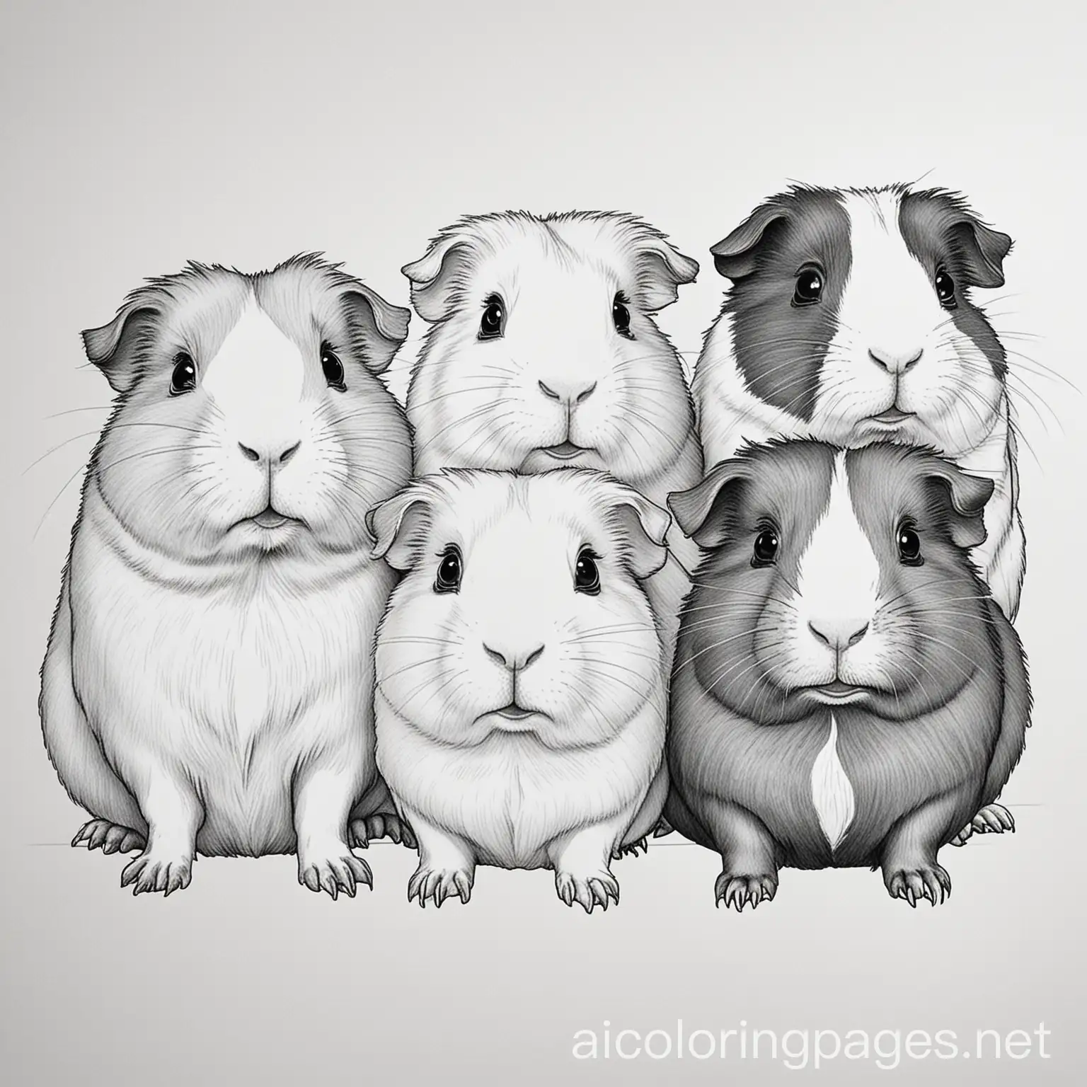 guinea pigs, Coloring Page, black and white, line art, white background, Simplicity, Ample White Space. The background of the coloring page is plain white to make it easy for young children to color within the lines. The outlines of all the subjects are easy to distinguish, making it simple for kids to color without too much difficulty